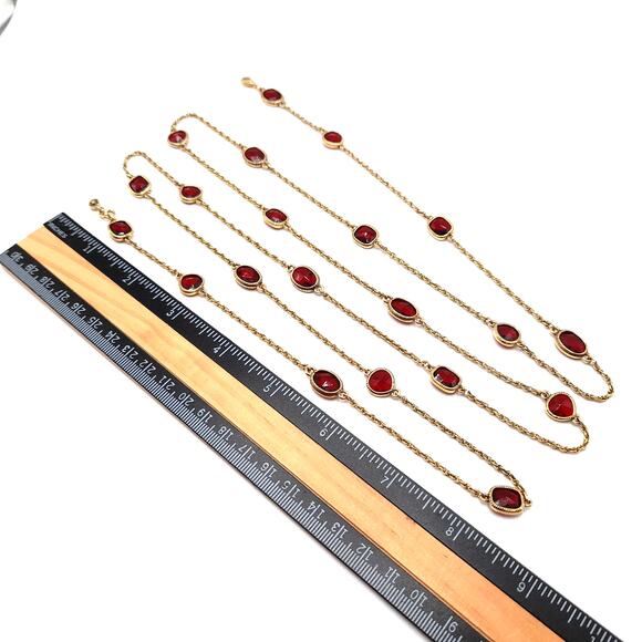 Monet Red Rhinestone Long Necklace, 54", Gold Tone Rope Chain - Picture 10 of 10